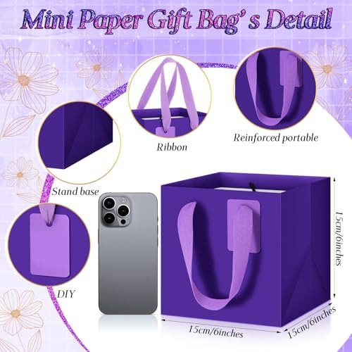 Windyun 100 Pcs Mini Paper Gift Bags with Handle 6 x 6 x 6'' Square Small Favor Bag with DIY Thank You Tag for Christmas Birthday Wedding Bridal Shower Bridesmaid Graduation Party (Purple) - Image 2