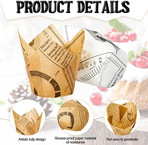 Potchen 800 Pcs Tulip Cupcake Liners Baking Cups,Newspaper,Retro Style - Image 2