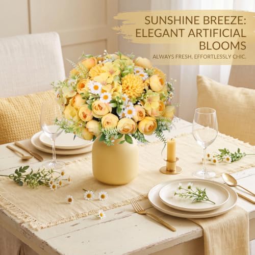 Tigeen 24 Bundles Peonies Artificial Flowers Faux Roses, Light Yellow - Image 3