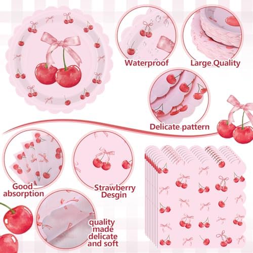 Funnymoom 452 Pcs Cherry and Bow Party Decoration Serves 50, Cherry Birthday Baby Shower Scalloped Paper Plates Napkins Cups Tablecloth Cutlery Straws for Pink Bow Birthday Baby Shower Party Supplies - Image 3