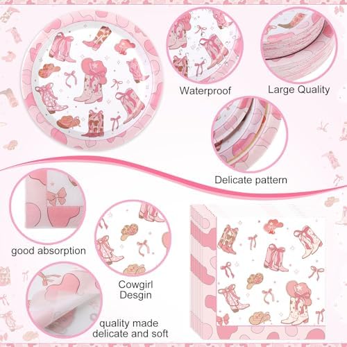 Funnymoom 452 Pcs Pink Cowgirl Boots and Bows Party Decoration for 50, Western Cowgirl Paper Plates Napkins Cups Tablecloth Cutlery Straws for Coquette Baby Shower Birthday Gender Reveal Party Supply - Image 3