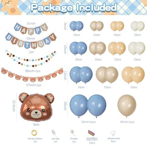Bear Birthday Balloon Arch Kit for Baby Boy Blue Khaki and Brown Balloons Decorations Set Happy Birthday Banner Bear Theme Decor - Image 2