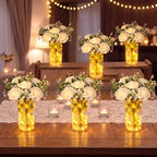 Domensi Set of 6 LED Lighted Floral Table Centerpieces, Faux Roses, Eucalyptus & Baby's Breath in Acrylic Vase, Glowing Rustic Wedding Decor for Bridal Shower, Party & Dining Table(White) by Domensi