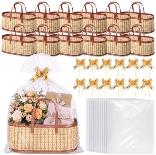 Reallnaive 12 Sets Empty Gift Baskets to Fill Large Bamboo Woven Baskets with Handles 15.8 x 7.9 x 6.3 inch Includes Clear Wrap Bags and Bows for Raffle, Baby Shower, Wedding,Thanksgiving Day by Reallnaive