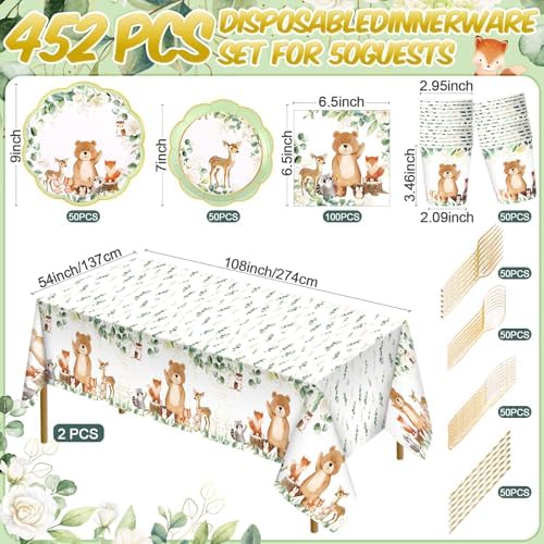 Potchen 452 Pcs Woodland Plates Napkins Party Supply, Sage Green - Image 2