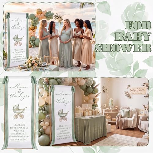 Baby Shower Welcome Linen Sign Stand with Satin Ribbon, Green - Image 6