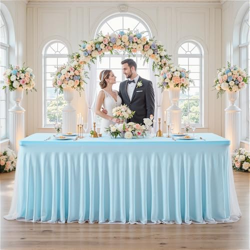 PARTISKY Blue Tablecloths 4 Foot Rectangle Tables, Spandex Fitted Tablecloth Stretch Table Cover with Tulle Skirt for Baby Shower Birthday Party Wedding Banquet Dessert Table Decorations - Image 4
