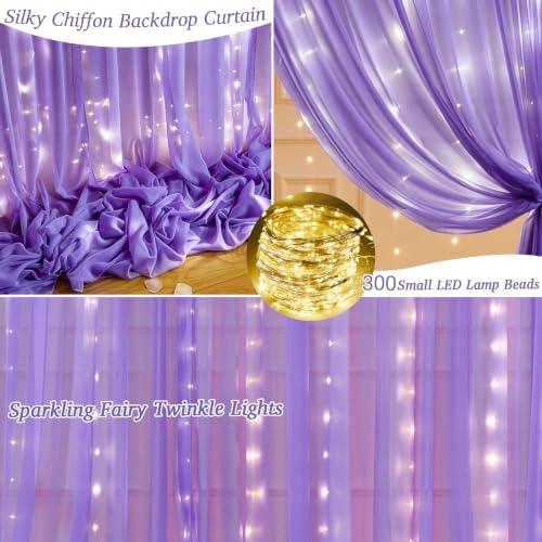 20 x 10ft Purple Chiffon Backdrop Curtain with Lights String for Parties,4 Panels Sheer Tulle Curtain Wedding Backdrop for Baby Shower Birthday Party Ceremony Reception Home Decorations - Image 2