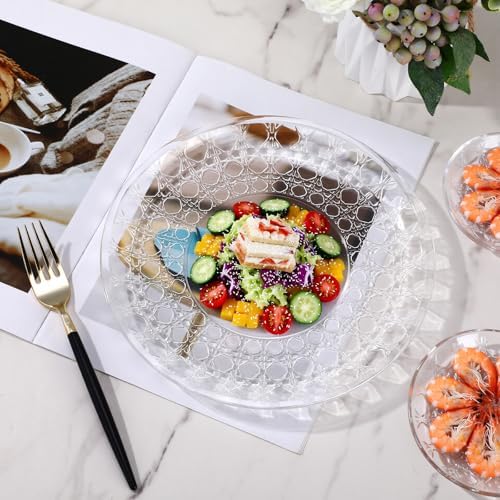 10 Pcs Round Plastic Serving Platters Bulk Clear Plastic Tray Acrylic Crystal Flan Plates Diamond Embossed Dinnerware for Party Food Cake Cookie Fruits Birthday Wedding Supplies(11.8 Inch) - Image 5