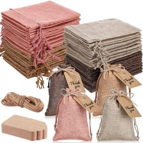 Woanger 100 Pcs Drawstring Burlap Gift Bags 4x6'' with Tags, Brown Pink Mix by Woanger