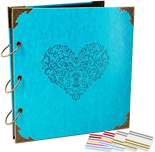 Photo Album DIY Scrapbook, 10x10 inch 50 Pages Vintage Leather Cover Three-Ring Binder Picture Booth Albums + 9 Colors 408pcs Self Adhesive Photos Corners for Personalized Memory Keep (Cyan) by ADVcer