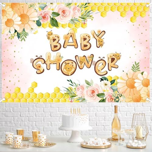 Fabric 10x6ft Honey Bee Baby Shower Backdrop Pink Flowers Yellow Honeycomb Oh Baby Decoration Background Sweet Honey Gender Reveal Neutral Newborn Party Banner Supplies - Image 4