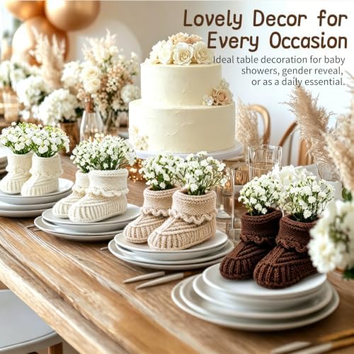 6 Sets Baby Shower Centerpieces,Crochet Knitted Baby Booties Table Decorations With Artificial Flowers Bulk DIY Boho Rustic Decor for Gender Reveal Party - Image 6