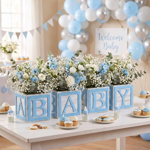 4 Set Blue Wooden Baby Boxes with Letters for Baby Shower Centerpieces - Image 4