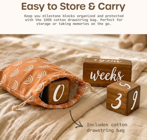 Pondering Pine Baby Milestone Blocks - Natural Pine Wood with Weeks Months Years Grade - Milestones Age Block Set with Boho Rainbow Bag, Newborn Weekly Monthly First Year Picture Props, Earth Friendly - Image 6