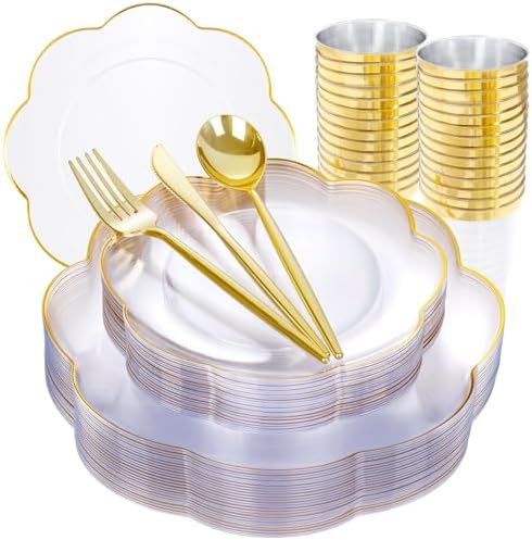 ejonirinjonir 180pcs Clear and Gold Plastic Plates for Wedding Reception by Ejonirinjonir