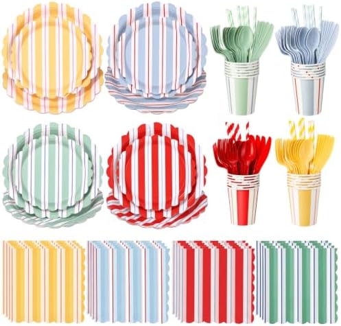 Potchen 220 Pcs Colorful Stripe Plate Party Decor Supplies for 24 Guest by Potchen