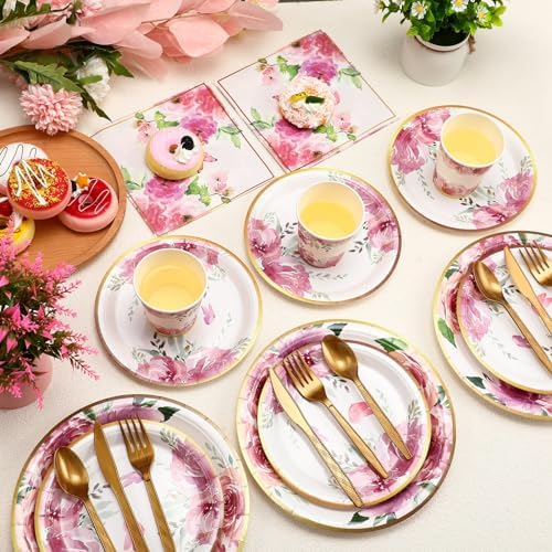 Ziliny 350 Pcs Tea Party Supplies Serves 50 Disposable Floral Paper Plates Napkins Cups Plastic Cutlery Dinnerware Set for Wedding Birthday Baby Shower Tea Party Decoration - Image 4