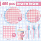 Funnymoom 400 Pcs Gingham Party Supplies for 50 Guests Pink and Blue Paper Plates and Napkins Set Knives Spoons Forks Cups Disposable Dinner Party Cutlery for Gender Reveal Baby Shower Birthday - Image 2