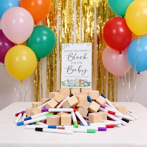 Baby Shower Decor A Block Game Kit, Solid Pine Wood Set with 50 Small Blocks, 24 Acrylic Paint Markers Game Sign, Interactive DIY Craft for Gender Reveal Party Activities - Image 7