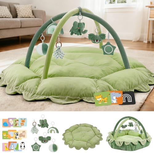 5-in-1 Baby Activity Gym & Play Mat with 6 Hanging Toys, Tummy Time Mat & Cards - Extra Large, Reversible Machine Washable Pad - Gift for Newborns, Infants 0-12 Months, Green by Unknown