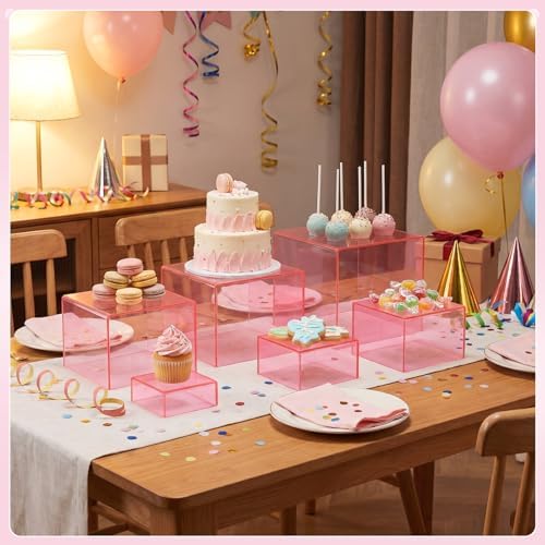 Geelin 6 Pcs Acrylic Risers Cube Stands, Clear Pink, 3 to 8 Inch, Square - Image 5