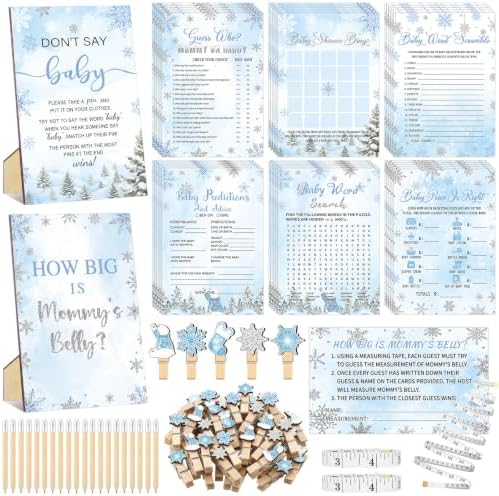 Funnymoom 426 Pcs Blue Snowflake Baby Shower Games Decor, 8 Set, 50 Guest by Funnymoom