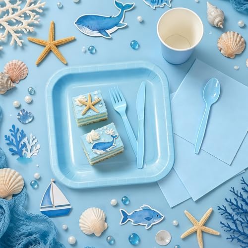 Vyntra 350 Pcs Light Blue Square Paper Plates and Napkins Set, Serves 50 - Image 7