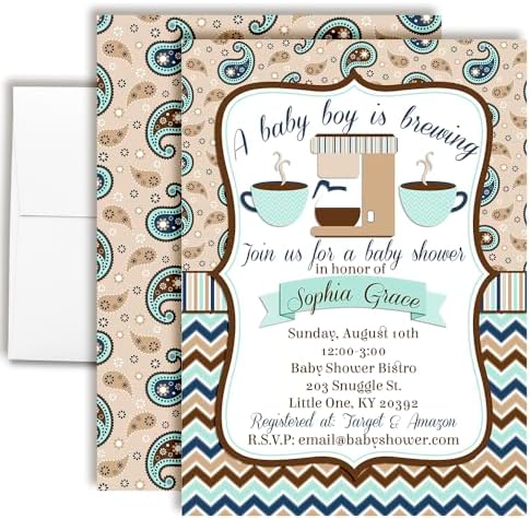 Amanda Creation 20 Custom Baby Shower Invitations with Envelopes – Personalized A Baby is Brewing Coffee Bean Themed Invite Set for Baby Boy, 5x7 Custom Cards, Made in USA by AmandaCreation