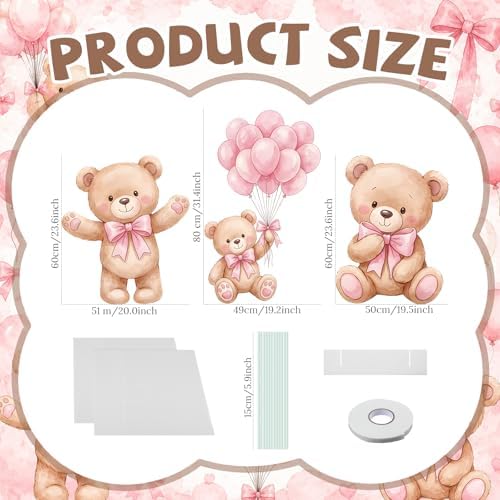 3 Pcs Pink Bear Baby Shower Birthday Decorations Large Cutouts Gender Reveal Sign 1st Birthday Party Centerpieces for Baby Shower Party Supplies Photo Booth Props Backdrops Decor - Image 2