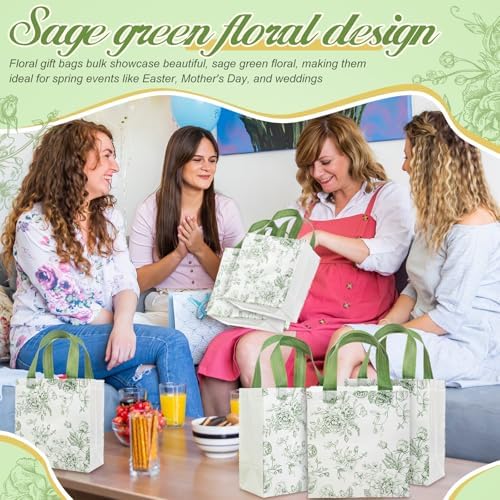 HunnmingRe 30 Pcs Sage Green Floral Gift Bags Floral Gifts Bag with Handles Bulk Wedding Bridal Shower Party Favor Non Woven Reusable Tote for Women Baby Shower Birthday Tea Fall Party Supplies - Image 5