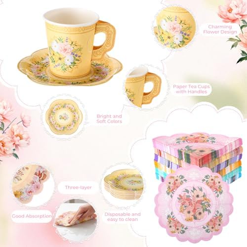 Nuogo 589 Pcs Floral Tea Party Disposable Cups Saucers Napkins Balloon Kit - Image 6