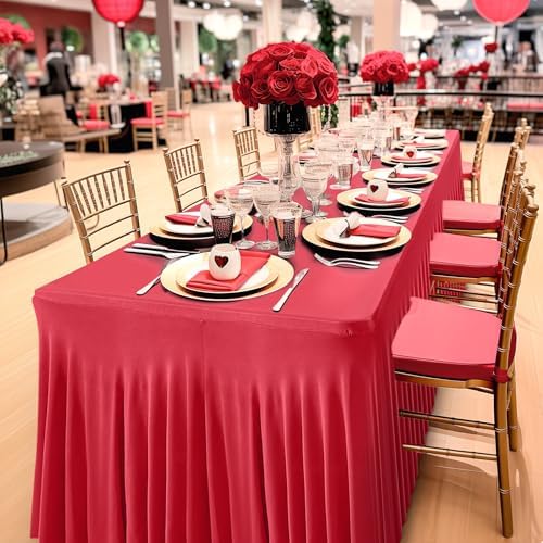 Wish Care 2 Pack Red Spandex Table Clothes for 8 Foot Rectangle Tables, 8FT Wrinkle Free Fitted Tablecloths Ruffles Design Stretch Table Cover for Party, Banquet, Wedding and Events - Image 5