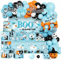 Blue Halloween Baby Shower Decorations Boy, All-in-1 A Little Boo is Almost Due Baby Shower Decorations with Balloon Arch Kit Baby Boxes Plates Napkins Cake Toppers Tablecloth Backdrop Spooky Decor by Juweked