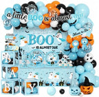 Blue Halloween Baby Shower Decorations Boy, All-in-1 A Little Boo is Almost Due Baby Shower Decorations with Balloon Arch Kit Baby Boxes Plates Napkins Cake Toppers Tablecloth Backdrop Spooky Decor by Juweked