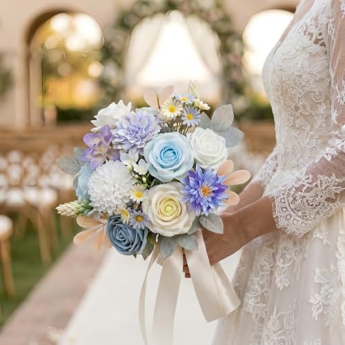 Artificial Flower Combo Box, Blue White Roses & Dahlias with Stems - Image 2
