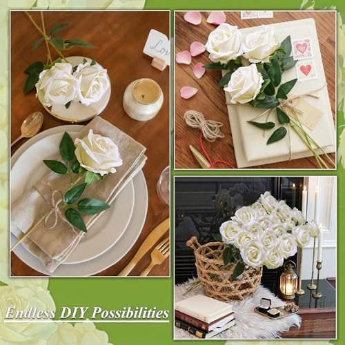HyeFlora 50 PCS Ivory Roses Artificial Flowers, Fake Roses with Stem Realistic Silk Roses for DIY Wedding Bouquets Tables Centerpieces Arrangements Baby Shower Party Birthday Home Decor for Her - Image 3