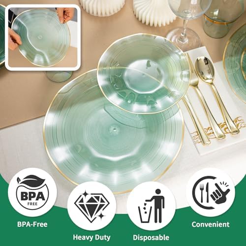 175PCS Green Plastic Plates with Gold Rim, Disposable Party Plates - Image 3