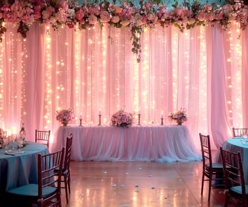 Pink Tulle Backdrop Curtains with Lights String for Parites 20ft×8ft Pink Sheer Backdrop Curtains for Baby Shower Girls Bridal Shower Birthday Party Photo Shoot Decorations(4 Panels 5×8ft) - Image 4
