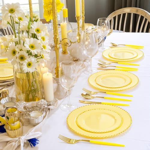 Supernal 102Pcs Yellow and Gold Plastic Silverware Set for Wedding Parties - Image 2