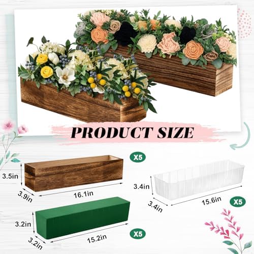 Dandat 5 Set Wood Rectangle Boxes 16x4 Inch Rustic Planter with Liner - Image 2