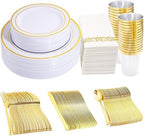 350 Pieces White and Gold Plastic Plates - 50 Guest Dinnerware Set Include 100 Plates, 50 Gold Plastic Silverware, 50 Paper Napkins and 50 Cups for Wedding/Baby Shower/Birthday/Party by WDF