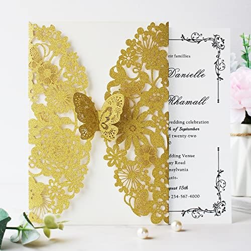 Hosmsua 5.12 x 7.3 Inch 50PCS Gold Laser Cut Lace Flora Butterfly Quinceanera Invitation Cards and Envelopes Customized Printed Invitations for Quinceañera Wedding Invite (Gold Glitter) - Image 6
