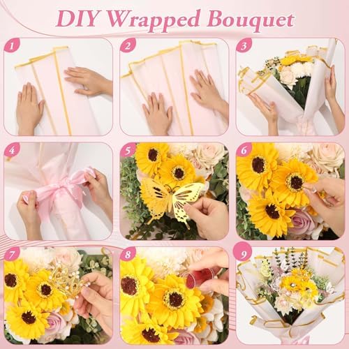 449Pcs Flower Bouquet Wrapping Accessories with Floral Wrapping Paper Gold Crowns Butterfly Decorations Gem Pins and Wooden Sticks, Ribbons for Money Bouquet Mother's Day Baby Shower Graduation - Image 5