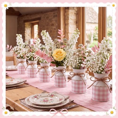 Domensi 6 Pcs Farmhouse Metal Flower Vase, Pink Gingham Table Centerpiece - Image 5
