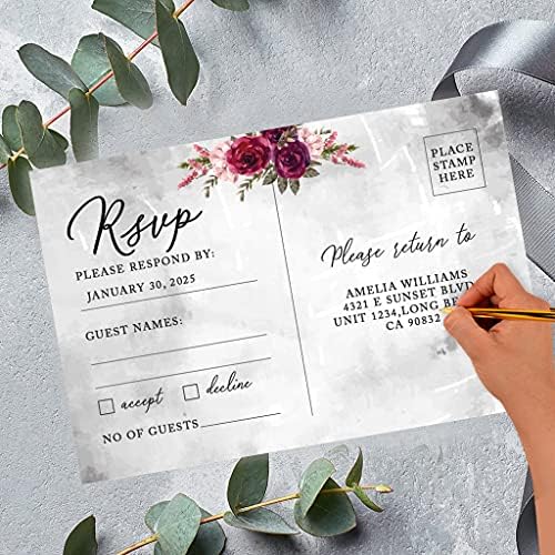 Andaz Press 56-Pack Personalized RSVP Postcards for Wedding Fall Burgundy Florals Cardstock Response Reply Cards for Bridal Shower Baby Shower Birthday Event Custom Date and Return Address 4 x 6-Inch - Image 2