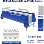 16Pack Disposable Plastic Tablecloths and Satin Table Runner Set Blue and Silver Dot Tablecloth Silver Satin Table Runner for Wedding Birthday Baby Shower Anniversary Christmas New Year Party Supplies - Image 2