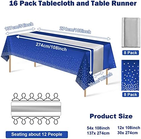 16Pack Disposable Plastic Tablecloths and Satin Table Runner Set Blue and Silver Dot Tablecloth Silver Satin Table Runner for Wedding Birthday Baby Shower Anniversary Christmas New Year Party Supplies - Image 2