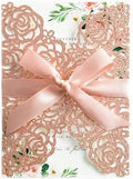 ponatia 25PCS 5.12 x 7.1'' Rose Gold Glitter Wedding Invitations Cards Laser Cut Hollow Rose With Envelopes, Printable Paper with Ribbons for Wedding Bridal Shower Engagement Sweet 16 Birthday by ponatia
