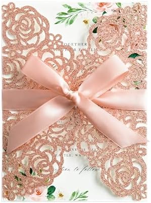 ponatia 25PCS 5.12 x 7.1'' Rose Gold Glitter Wedding Invitations Cards Laser Cut Hollow Rose With Envelopes, Printable Paper with Ribbons for Wedding Bridal Shower Engagement Sweet 16 Birthday by ponatia
